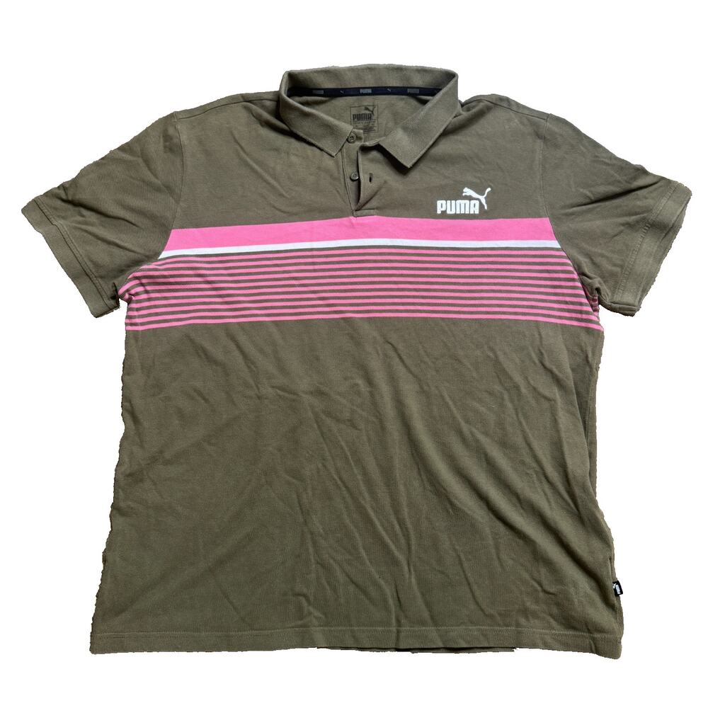 Puma Men' Polo Shirt Size XL Olive Army Green Pink Striped Short Sleeve Golf Tee